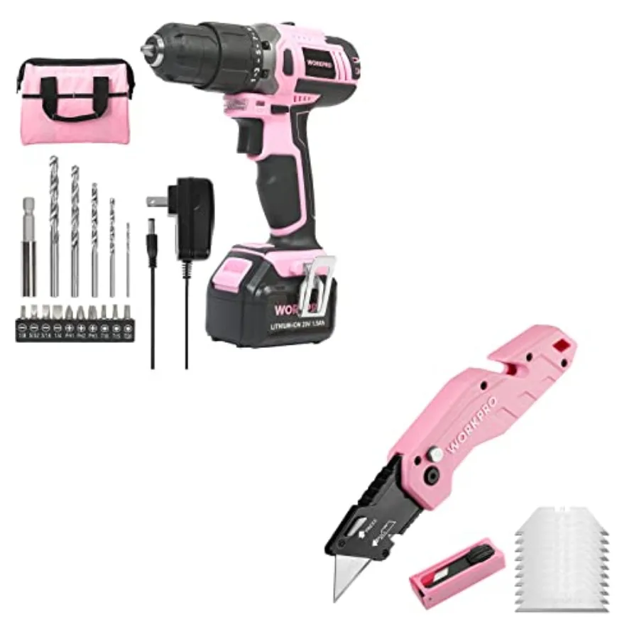 Pink Cordless 20V Lithium-ion Drill Driver Set and Folding Utility Knife with 10 Extra Blades - Pink Ribbon
Pink Cordless 20V Lithium-ion Drill Driver Set and Folding Utility Knife with 10 Extra Blades - Pink Ribbon