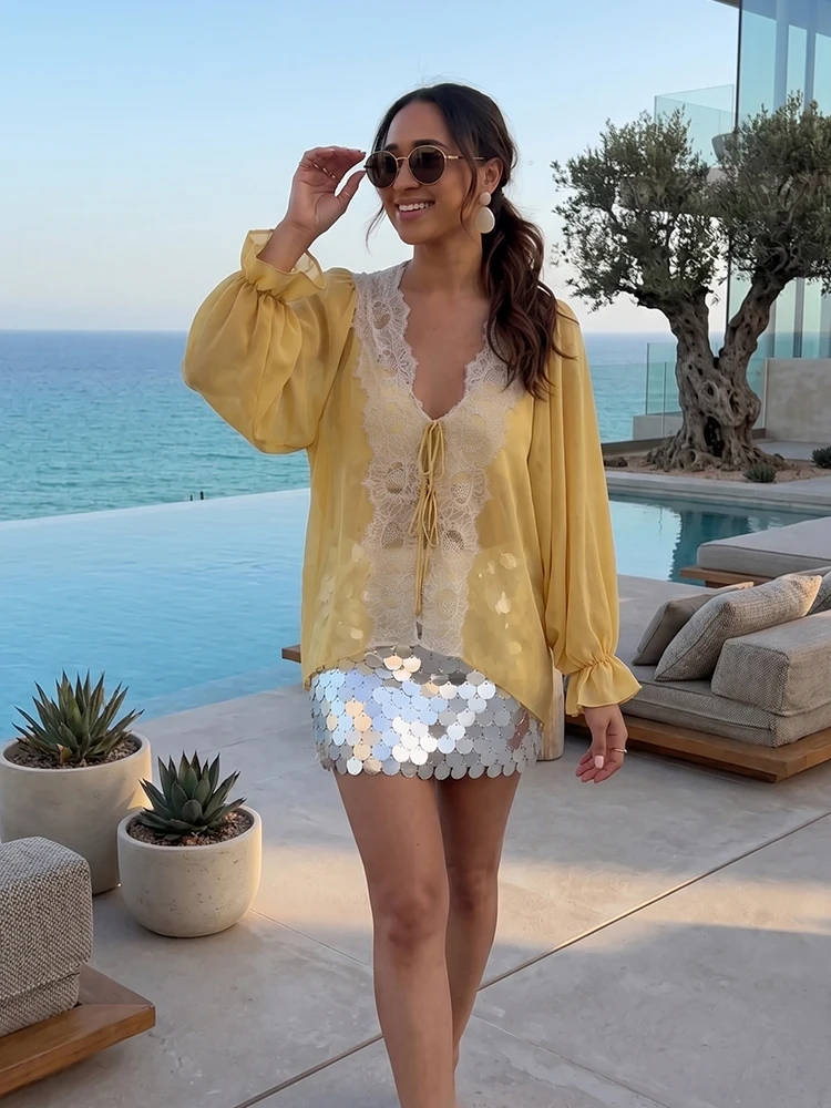 HH Bohemian Lace Trim Chiffon Blouse Women's V-Neck Tie Front Flowy Long Sleeve Top Casual Summer Beach & Resort Business Wear
HH Bohemian Lace Trim Chiffon Blouse Women's V-Neck Tie Front Flowy Long Sleeve Top Casual Summer Beach & Resort Business Wear