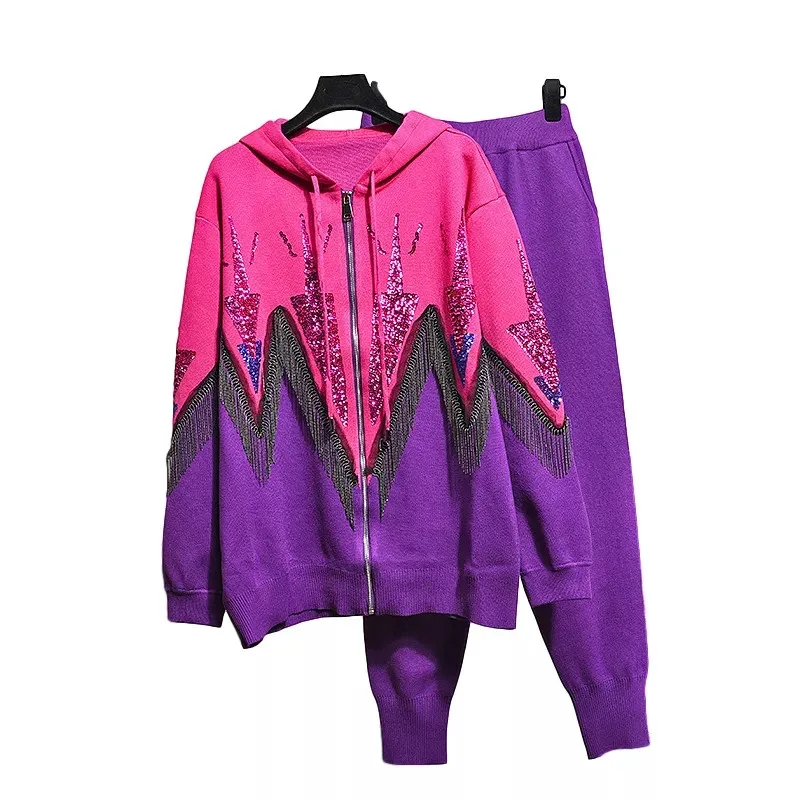 2023 Spring Autumn Women Hooded Fashion Sequins Contrast Tassel Knitted Sweater + Casual Pants Two Piece Set Female Outfits H638
2023 Spring Autumn Women Hooded Fashion Sequins Contrast Tassel Knitted Sweater + Casual Pants Two Piece Set Female Outfits H638