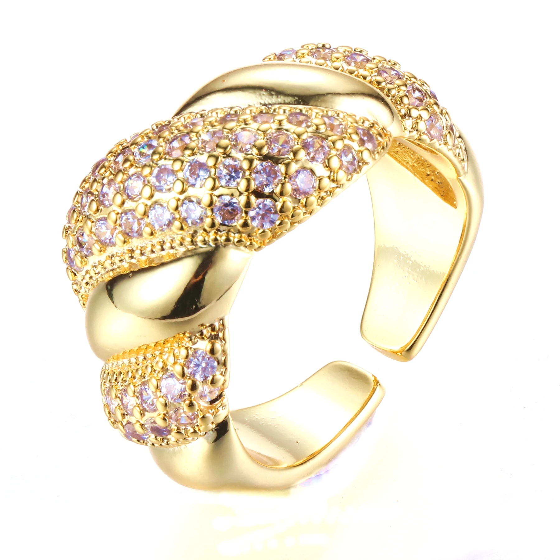 Undulating Design Gold & Studded Pink CZ Croissant Open Ring Statement Jewelry
Undulating Design Gold & Studded Pink CZ Croissant Open Ring Statement Jewelry