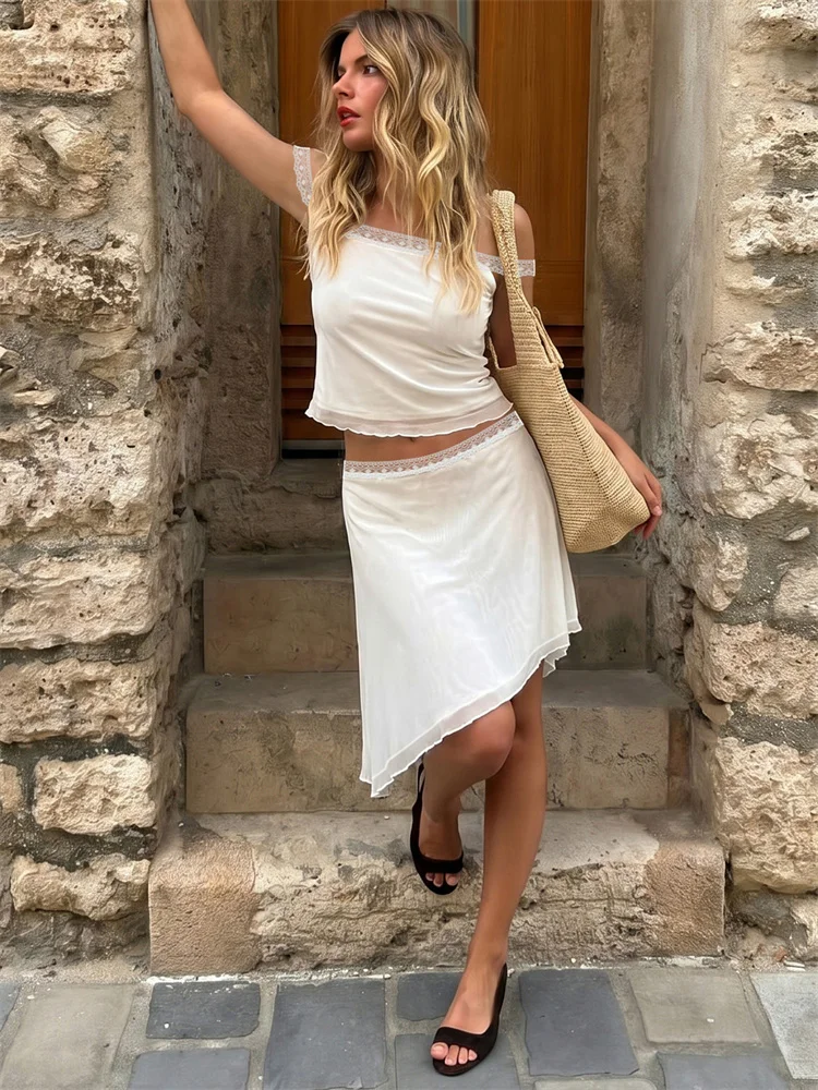 Sexy Holiday Club wear 2026 Tossy White Mesh Two Piece Set Women Summer Lace Trim Crop Top And Asymmetrical Skirt Matching Sets
Sexy Holiday Club wear 2026 Tossy White Mesh Two Piece Set Women Summer Lace Trim Crop Top And Asymmetrical Skirt Matching Sets