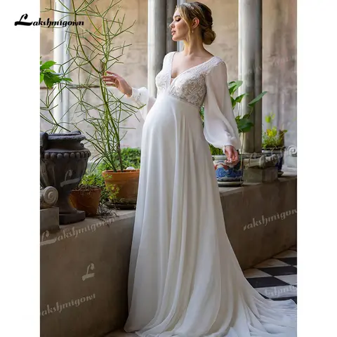 Graceful V-Neck Maternity Wedding Dress 2026 Long Sleeve Maternity Wedding Gown Lace up Bridal Gown Maternity Dress Customized