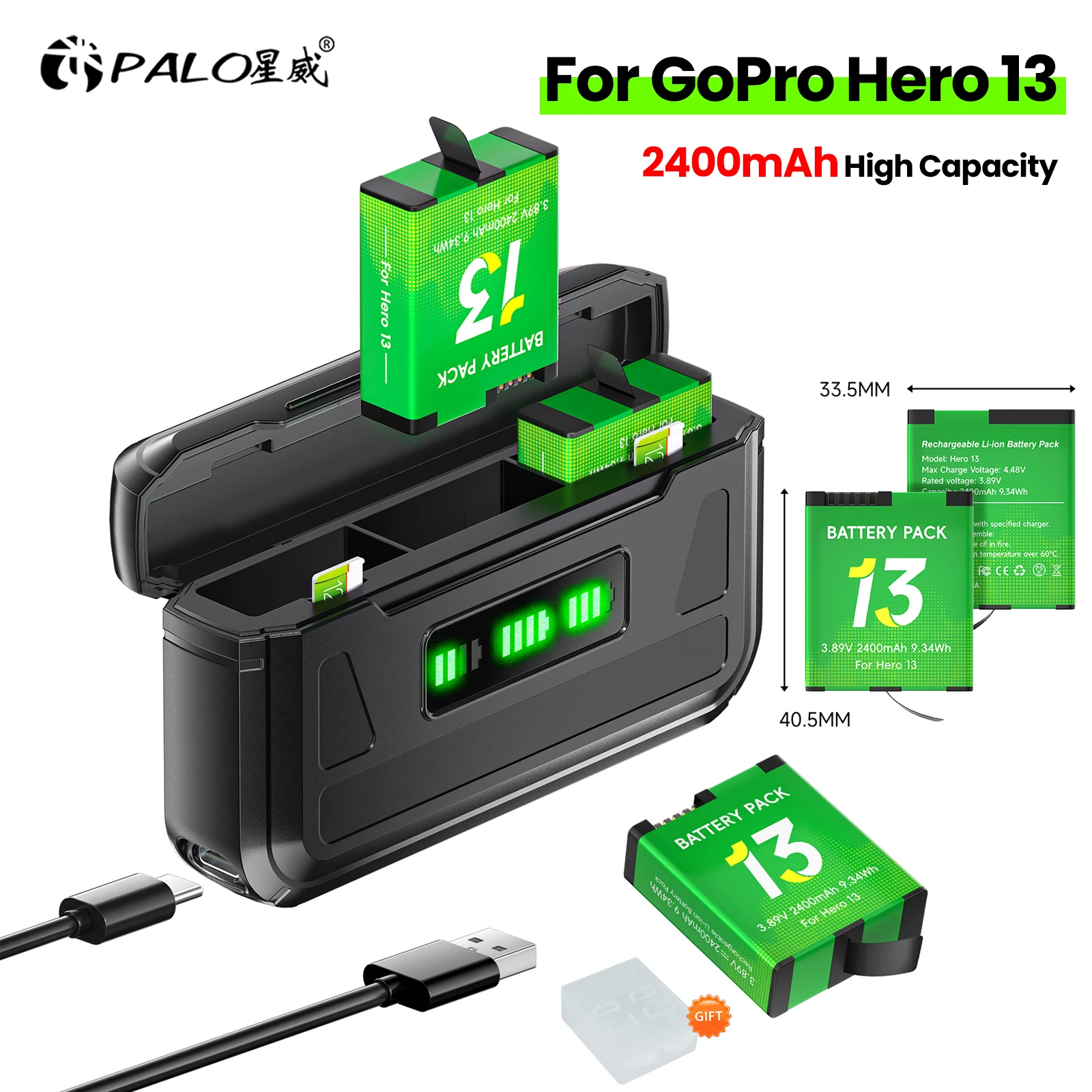 PALO 2400 мАч для GoPro Hero 13 Аккумулятор + зарядное устройство с 3 слотами и портом Type-C для GoPro Hero 13 Черные аксессуары для спортивной камеры
PALO 2400 мАч для GoPro Hero 13 Аккумулятор + зарядное устройство с 3 слотами и портом Type-C для GoPro Hero 13 Черные аксессуары для спортивной камеры