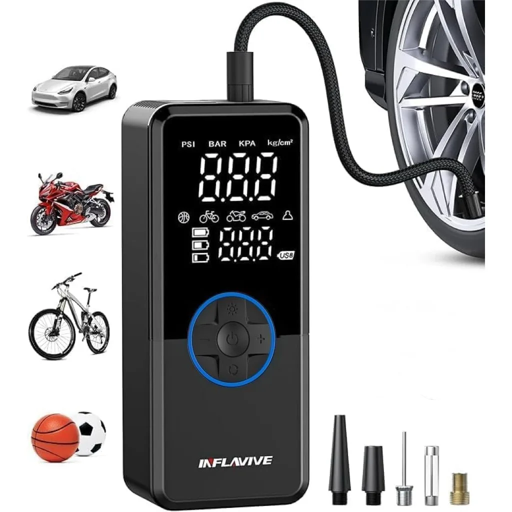 Portable Air Compressor Tire Inflator, 150PSI Cordless Digital Gauge with Auto Shut-Off and LED Light for Car SUV Motorcycle
Portable Air Compressor Tire Inflator, 150PSI Cordless Digital Gauge with Auto Shut-Off and LED Light for Car SUV Motorcycle