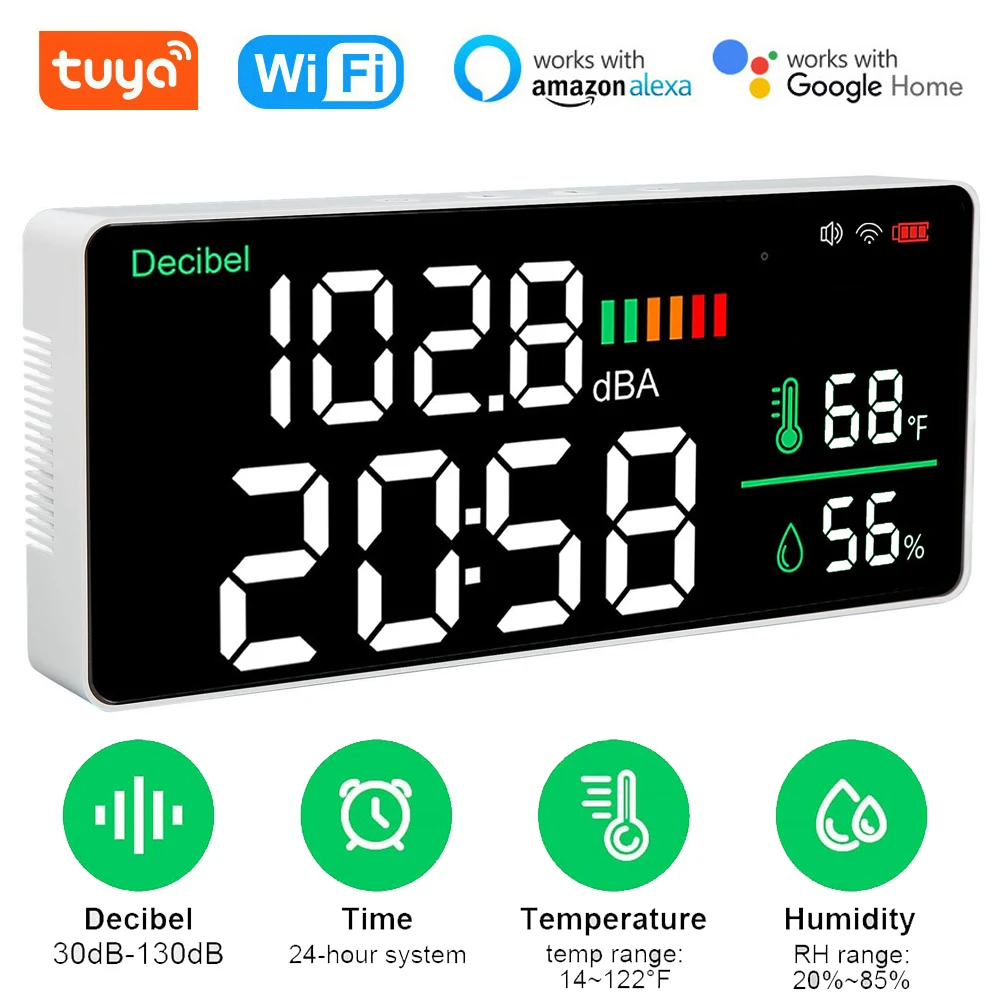 Измеритель уровня шума Tuya WiFi с часами, 30~130 дБ, измерение температуры и влажности, 11-дюймовый LED-дисплей, высокоточный шумомер
Измеритель уровня шума Tuya WiFi с часами, 30~130 дБ, измерение температуры и влажности, 11-дюймовый LED-дисплей, высокоточный шумомер