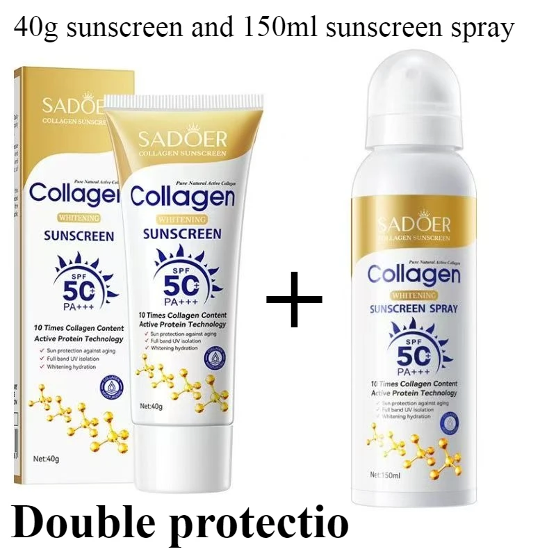 Collagen 40g Sunscreen and 150ml Sunscreen Spray Double Protection Whitening and Anti-Wrinkle and Anti-UV
Collagen 40g Sunscreen and 150ml Sunscreen Spray Double Protection Whitening and Anti-Wrinkle and Anti-UV