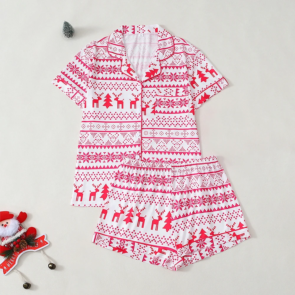 2Pcs Women Christmas Pajamas Set Loose Short Sleeve Button Closure Shirt With Shorts Summer Fashionable Comfortable Sleepwear
2Pcs Women Christmas Pajamas Set Loose Short Sleeve Button Closure Shirt With Shorts Summer Fashionable Comfortable Sleepwear