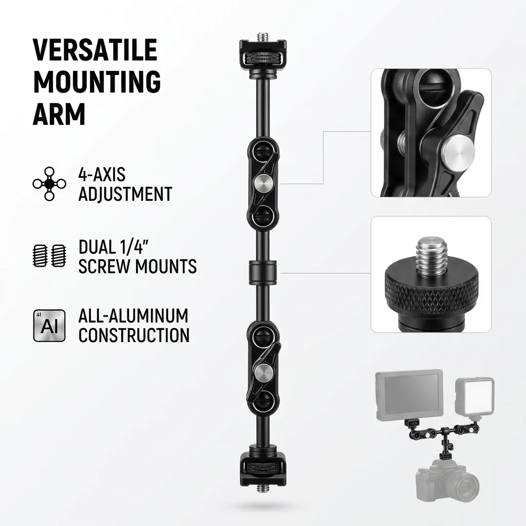 All Aluminum 4-Axis Magic Arm with Dual 1/4 Inch Nuts, Multi-Angle Adjustable Extension Bracket for Shooting Gear
All Aluminum 4-Axis Magic Arm with Dual 1/4 Inch Nuts, Multi-Angle Adjustable Extension Bracket for Shooting Gear