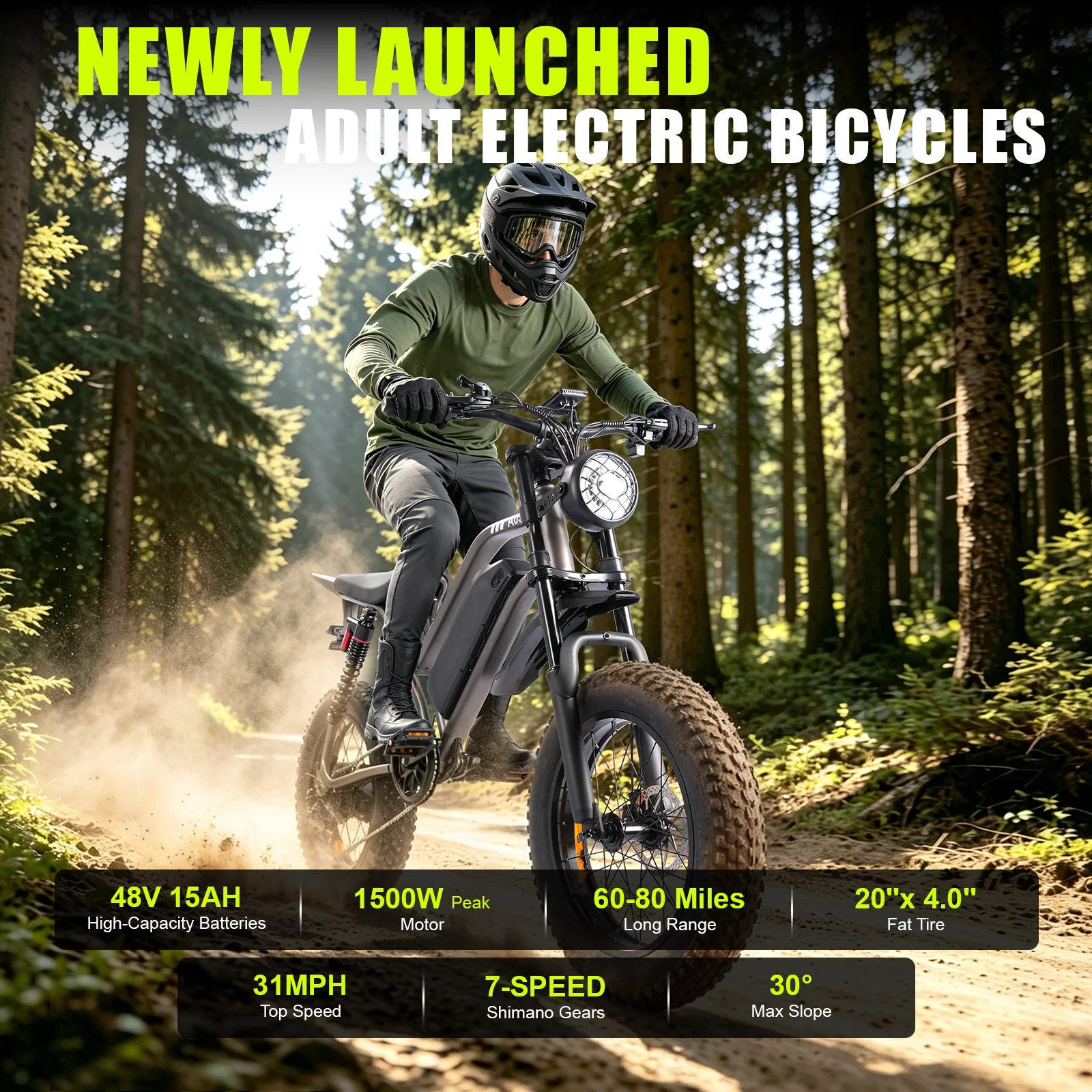 A05 Electric Bike 1500W Peak 31MPH 48V15Ah Battery Motorcycle 20"x4" Fat Tire 7-Speed Dual Suspension E-Bike 1 Year Warranty
A05 Electric Bike 1500W Peak 31MPH 48V15Ah Battery Motorcycle 20"x4" Fat Tire 7-Speed Dual Suspension E-Bike 1 Year Warranty