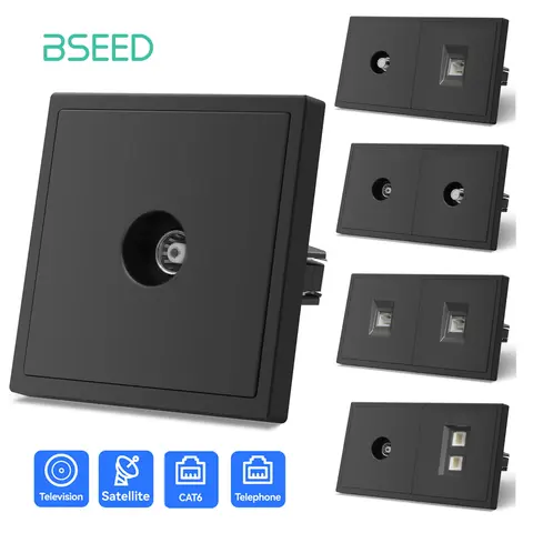 BSEED TV/ST/TL/CAT6 Socket Double RJ45 Computer Internet Satellite Telephone Wall Sockets EU Standard Plastic Frames Black