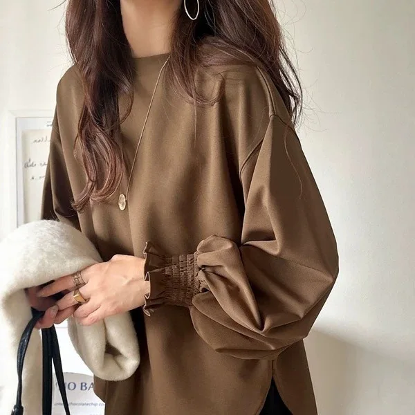 Japan Minimalist White Crew Neck Blouse Long Lantern Sleeve Ruffled Cuffs Loose Fit Casual Top For Women Elegacne Commuted Dated
Japan Minimalist White Crew Neck Blouse Long Lantern Sleeve Ruffled Cuffs Loose Fit Casual Top For Women Elegacne Commuted Dated