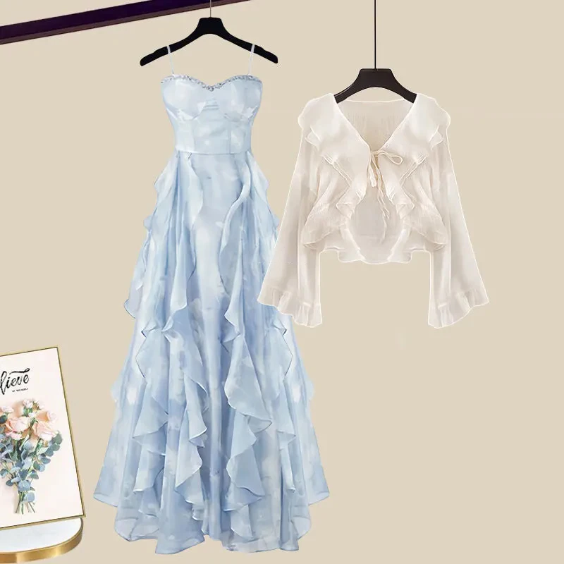 Elegant Long Sleeve Shirt Women's Thin Gradient Strap Dress Fashionable Summer A-Line Skirt Two-Piece Set Polyester Fiber
Elegant Long Sleeve Shirt Women's Thin Gradient Strap Dress Fashionable Summer A-Line Skirt Two-Piece Set Polyester Fiber