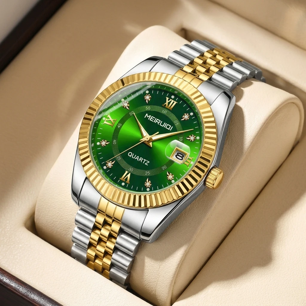 1 piece fashion green dial watch with Roman numeral scale, calendar display, two-tone strap
1 piece fashion green dial watch with Roman numeral scale, calendar display, two-tone strap