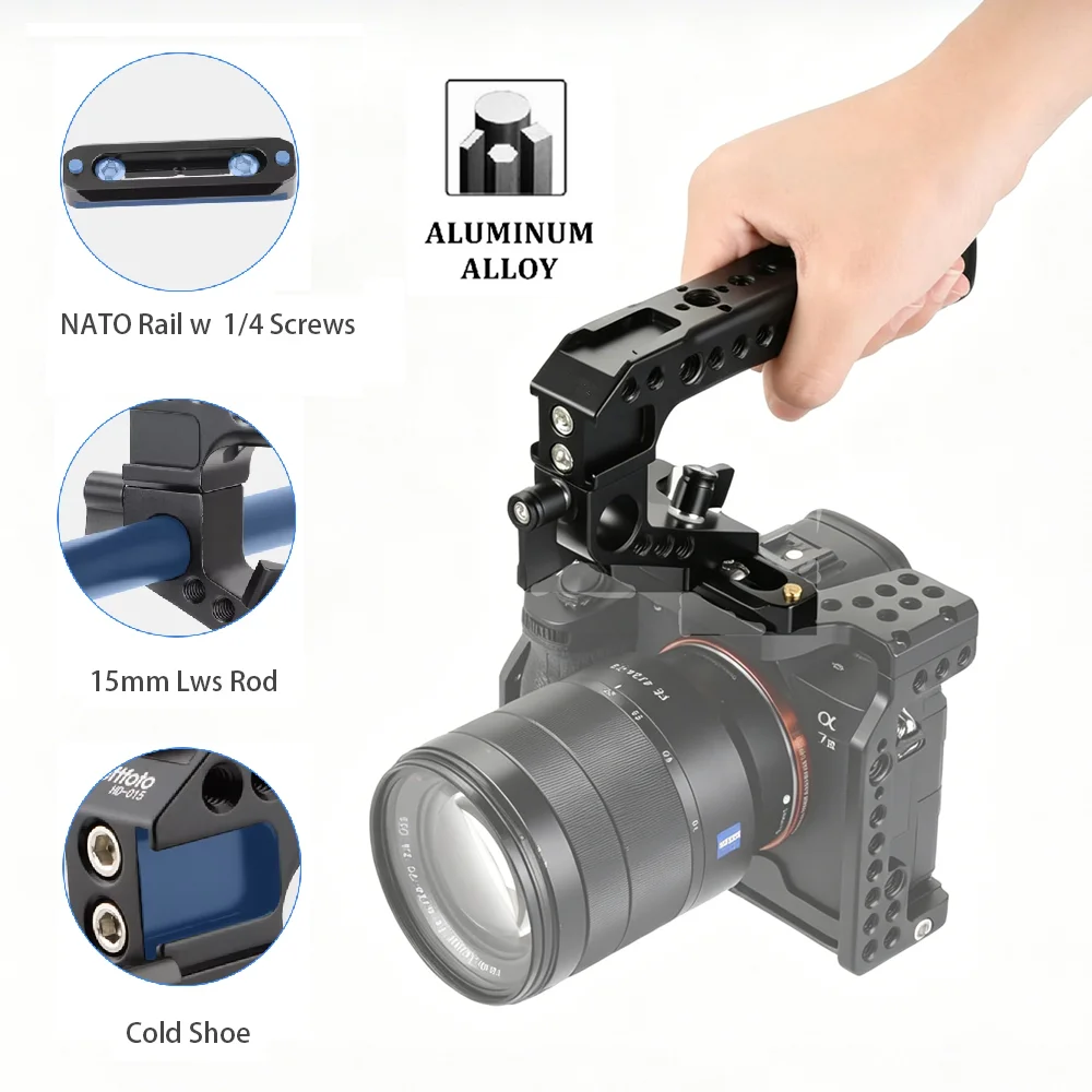 Universal Camera Cage Top Handle, Lightweight Aluminum Handgrip with 1/4" 3/8" Threads & Cold Shoe for Filmmaking, Handgrip Kits
Universal Camera Cage Top Handle, Lightweight Aluminum Handgrip with 1/4" 3/8" Threads & Cold Shoe for Filmmaking, Handgrip Kits