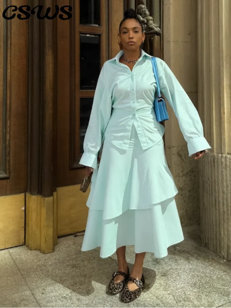 Элегантный комплект с юбкой-рубашкой на пуговицах, женский однотонный топ с лацканами и длинными рукавами, тонкий топ, длинные юбки с рюшами, лето-осень 2024, женский офисный комплект
Элегантный комплект с юбкой-рубашкой на пуговицах, женский однотонный топ с лацканами и длинными рукавами, тонкий топ, длинные юбки с рюшами, лето-осень 2024, женский офисный комплект