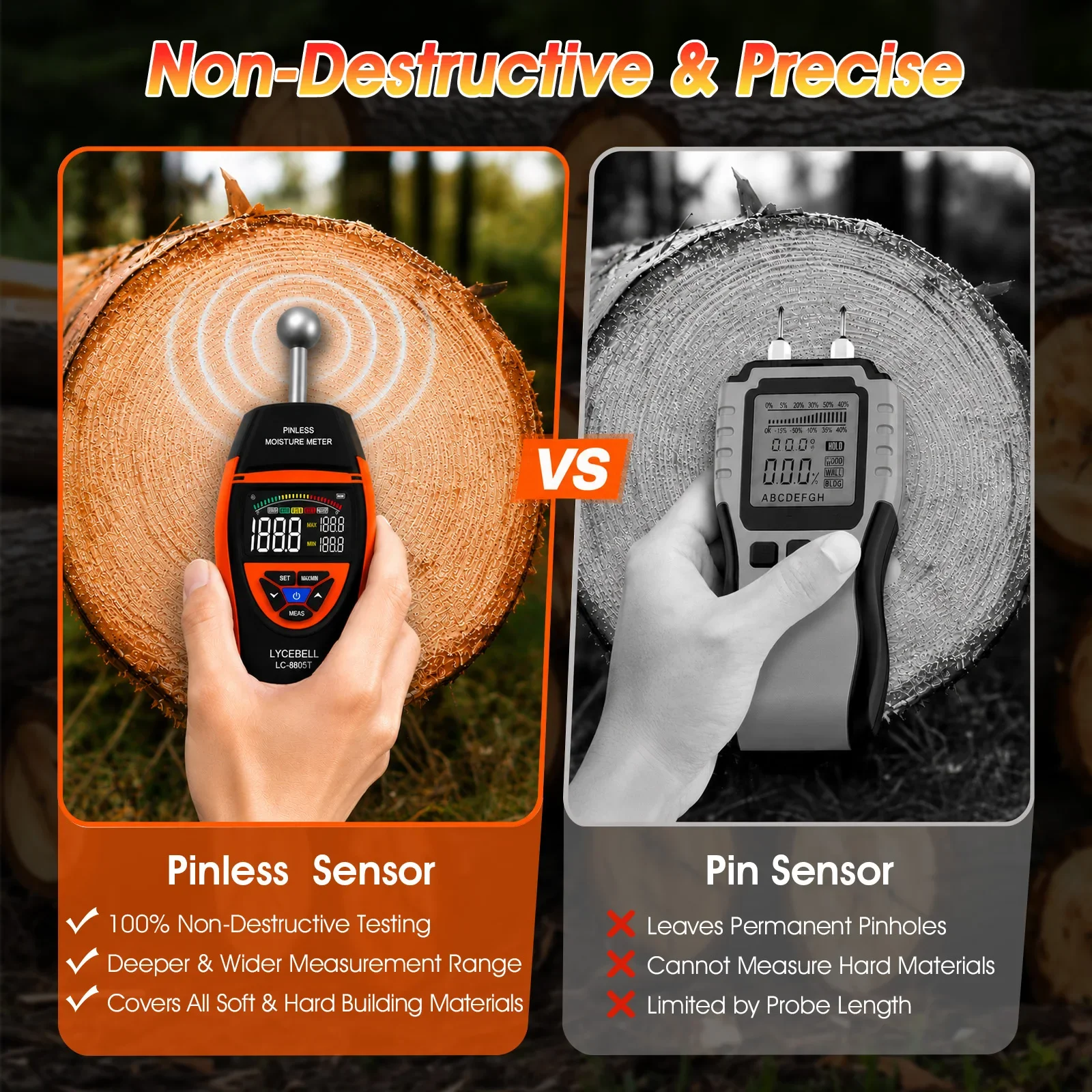 BT-8805T Non-Contact Wood Moisture Meter Pinless 20-40mm Depth 0-100% Color LCD Alarm for Wood Wall Cement Plaster Building
BT-8805T Non-Contact Wood Moisture Meter Pinless 20-40mm Depth 0-100% Color LCD Alarm for Wood Wall Cement Plaster Building