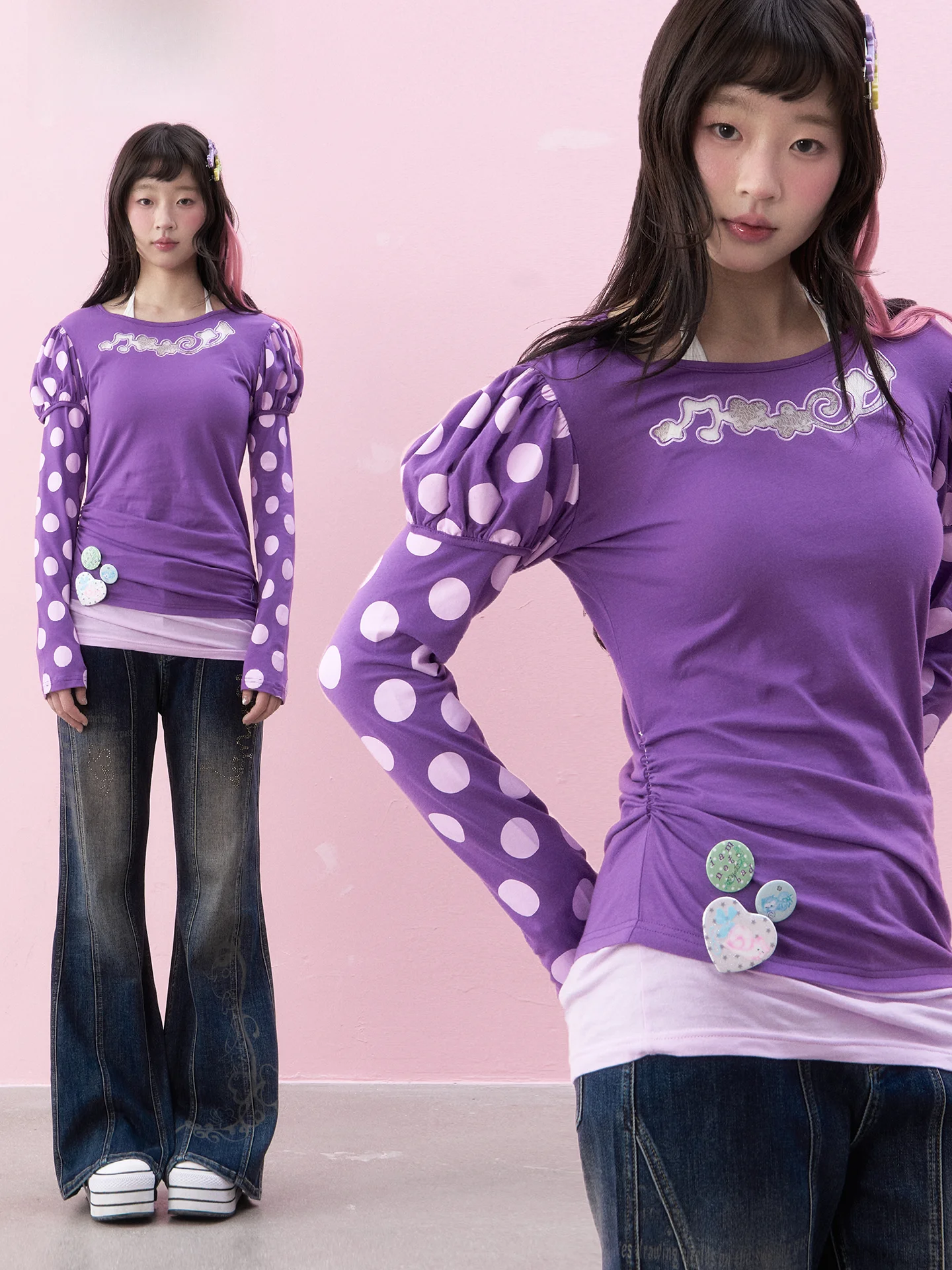 Purple Polka Dot Lace Embroidery Bubble Sleeve Fake Two-Piece Long Sleeve Women's T-Shirt Cotton Gauze Vintage Style Casual Wear
Purple Polka Dot Lace Embroidery Bubble Sleeve Fake Two-Piece Long Sleeve Women's T-Shirt Cotton Gauze Vintage Style Casual Wear