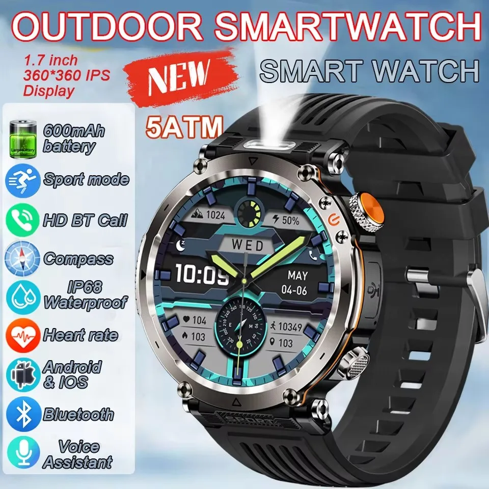 New5ATM Waterproof Smart Watch Men 600mAh Outdoor SmartWatch Compass Heart rate LED Flashlight Bluetooth Call Sports Smartwatch
New5ATM Waterproof Smart Watch Men 600mAh Outdoor SmartWatch Compass Heart rate LED Flashlight Bluetooth Call Sports Smartwatch