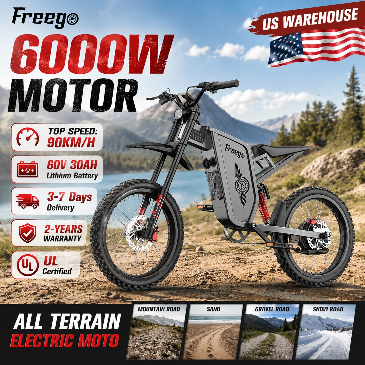 Freego X2Pro Electric Motorcycle Electric Dirt Bike 6000W Peak 60V30Ah Battery 50MPH Off Road Electric Bicycle UL 2849 Certified
Freego X2Pro Electric Motorcycle Electric Dirt Bike 6000W Peak 60V30Ah Battery 50MPH Off Road Electric Bicycle UL 2849 Certified