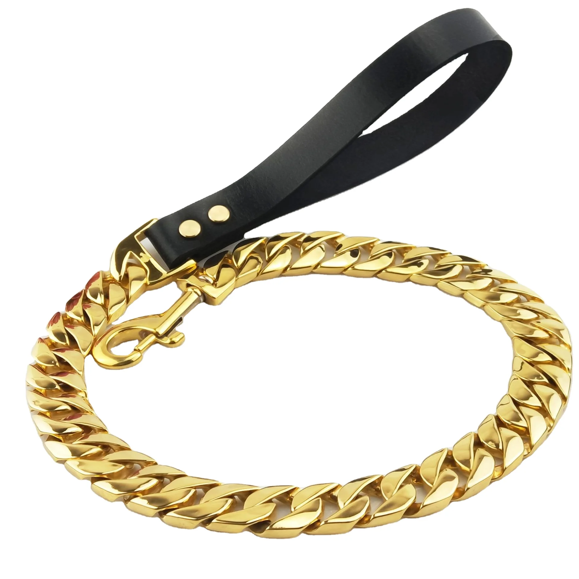 Manufacturers Wholesale Pet leather handle stainless steel leashes Gold cuban chain dog harness big dog collars and leads
Manufacturers Wholesale Pet leather handle stainless steel leashes Gold cuban chain dog harness big dog collars and leads