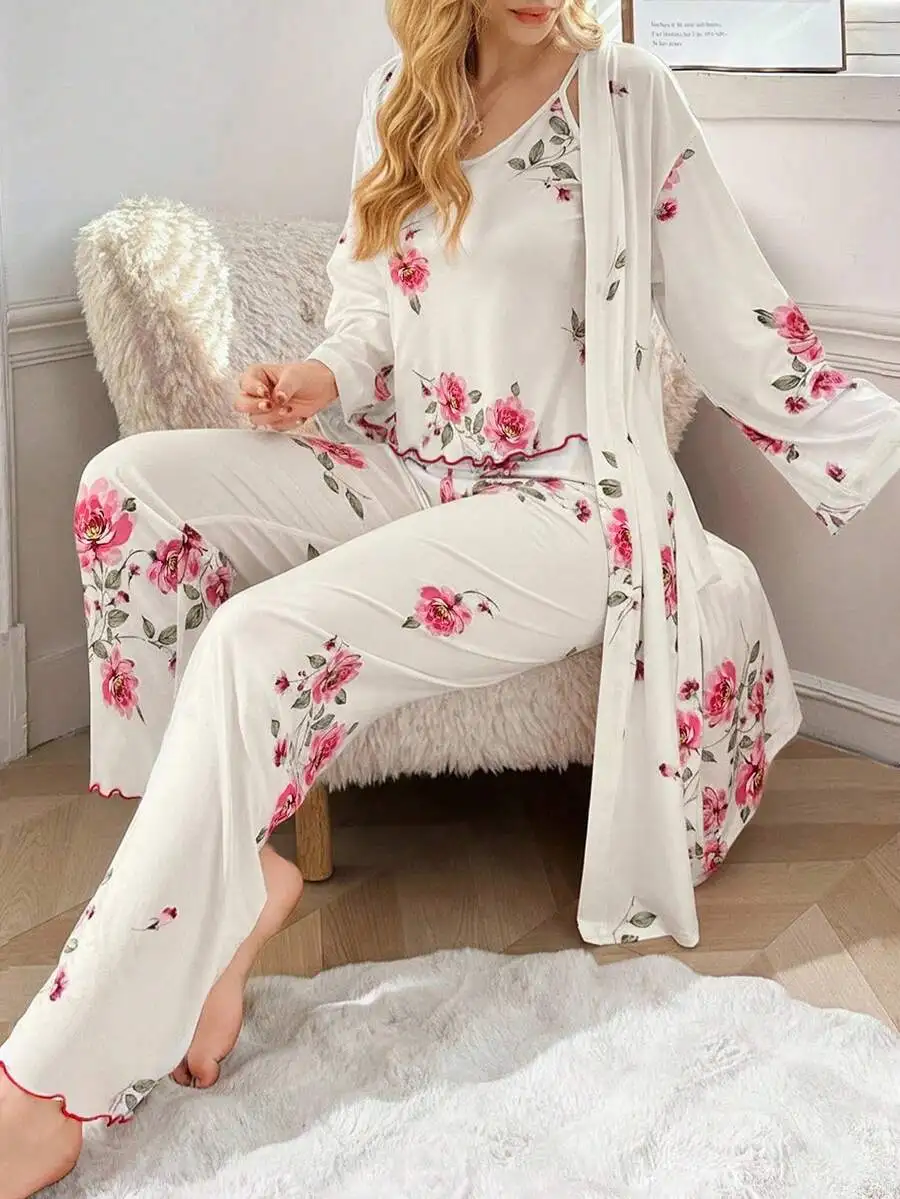 Floral Print Pajama Set With Robe Women Comfortable Knit Camisole Top And Pants
Floral Print Pajama Set With Robe Women Comfortable Knit Camisole Top And Pants