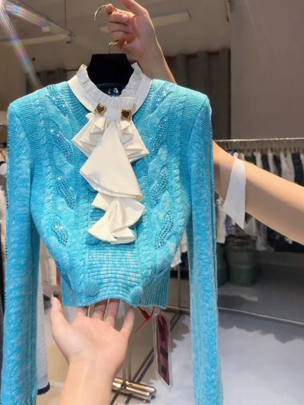 Korean Style Women's Knitted Sweater with Bow Tie Neck Spring New White Enhancing Blouse Long Sleeve Regular Length
Korean Style Women's Knitted Sweater with Bow Tie Neck Spring New White Enhancing Blouse Long Sleeve Regular Length