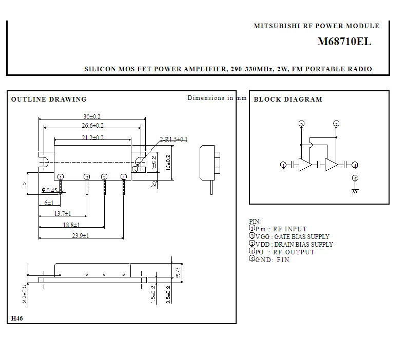 M68710EL H46 Mitsubishi SILICON MOS FET усилитель мощности, 290-330 МГЦ, 2 Вт, FM портативное радио
M68710EL H46 Mitsubishi SILICON MOS FET усилитель мощности, 290-330 МГЦ, 2 Вт, FM портативное радио