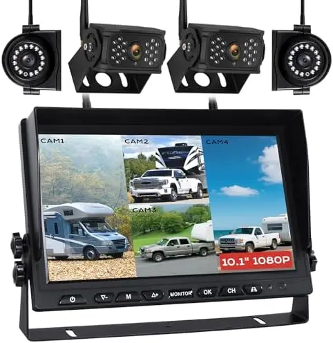 10.1" Wireless RV Backup Camera System with 4 Cameras & 1080P DVR Monitor
10.1" Wireless RV Backup Camera System with 4 Cameras & 1080P DVR Monitor