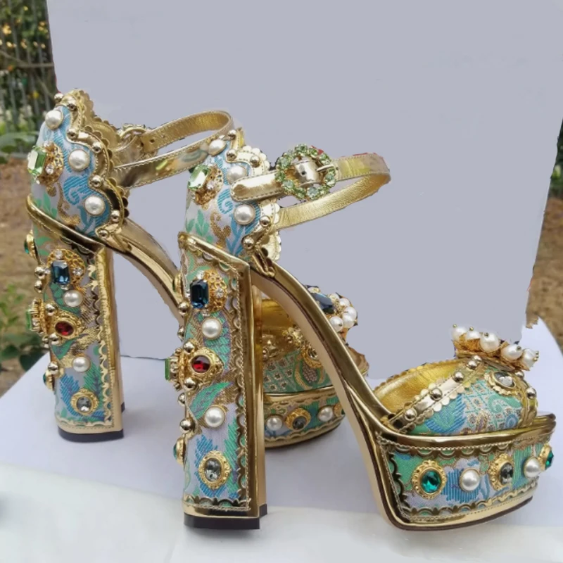 Pearl Rhinestone Platform Thick Heel Peep Toe Sandals 14CM Super High Heel Ladies Green Blue Retro Baroque Summer Women Shoes
Pearl Rhinestone Platform Thick Heel Peep Toe Sandals 14CM Super High Heel Ladies Green Blue Retro Baroque Summer Women Shoes