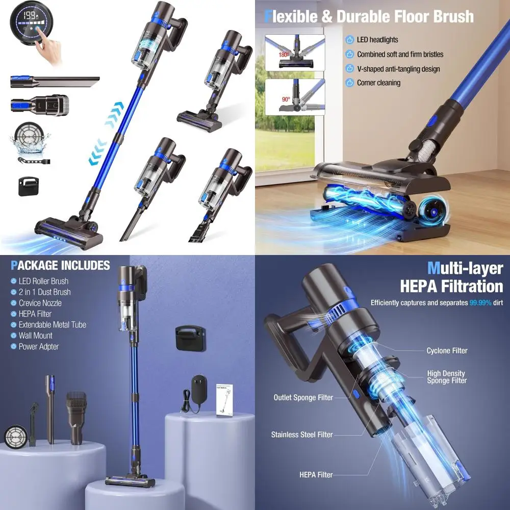 550W 45KPA Cordless Vacuum Cleaner: 50-Minute Runtime, 3 Modes, Self-Standing, Touch Screen, Ideal for Pet Hair and Floors
550W 45KPA Cordless Vacuum Cleaner: 50-Minute Runtime, 3 Modes, Self-Standing, Touch Screen, Ideal for Pet Hair and Floors