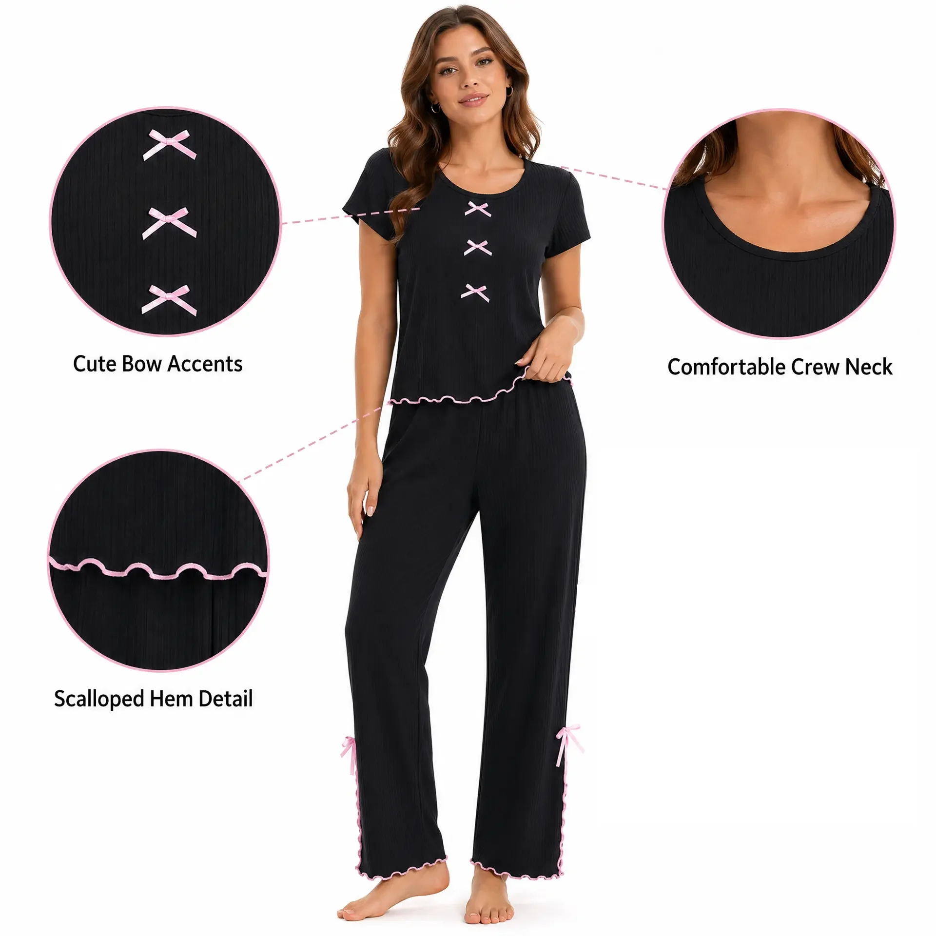2026 Spring and Summer Black and Pink Pajamas for Women, Two-Piece Set with Flutter Sleeves and Slit Pants, Sweet and Cool Style, Can Be Worn Outside as Loungewear
2026 Spring and Summer Black and Pink Pajamas for Women, Two-Piece Set with Flutter Sleeves and Slit Pants, Sweet and Cool Style, Can Be Worn Outside as Loungewear