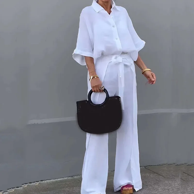 Patchwork Linen Suit Ladies Fashion Button Short Sleeve Shirts Top&Lace-up Wide Leg Pants Outfits Solid 2024 Office Set Elegant
Patchwork Linen Suit Ladies Fashion Button Short Sleeve Shirts Top&Lace-up Wide Leg Pants Outfits Solid 2024 Office Set Elegant