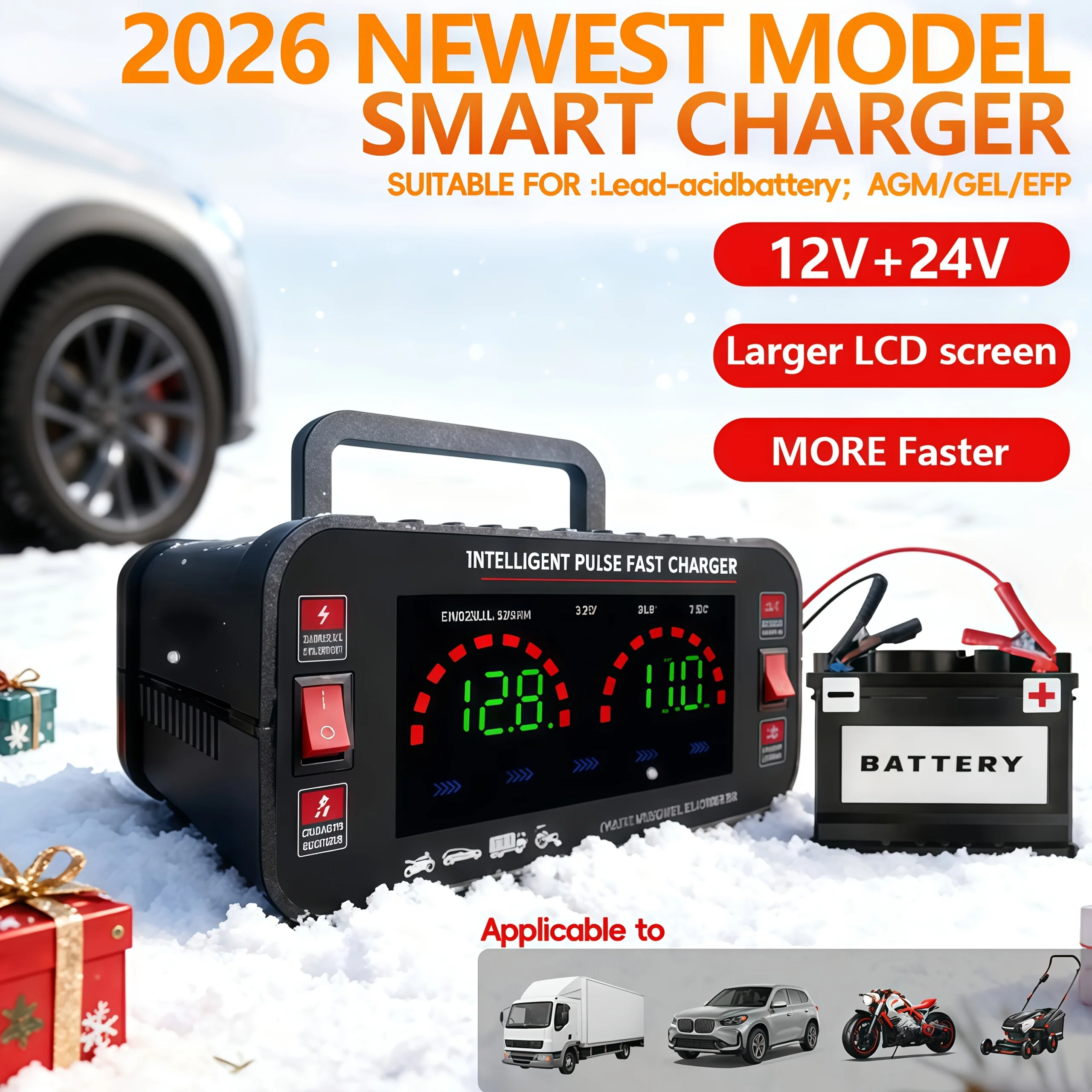 12V/24V Portable Car Battery Charger with LCD Display, US Plug, 100-240V Power Input, Fast Charging, Overcharge Protection, Suitable for Cars, Trucks, RVs, Motorcycles, Lead-Acid Batteries, Battery Not Included, Ideal Gift for Easter/Valentine's Day
12V/24V Portable Car Battery Charger with LCD Display, US Plug, 100-240V Power Input, Fast Charging, Overcharge Protection, Suitable for Cars, Trucks, RVs, Motorcycles, Lead-Acid Batteries, Battery Not Included, Ideal Gift for Easter/Valentine's Day