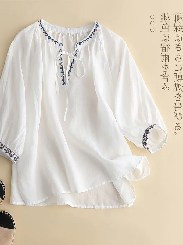 Original Cotton Linen Embroidered V-Neck 3/4 Sleeve Women's Comfortable Soft Shirt New Style Summer Top with Bow Tie
Original Cotton Linen Embroidered V-Neck 3/4 Sleeve Women's Comfortable Soft Shirt New Style Summer Top with Bow Tie