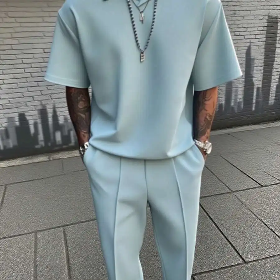 Light Blue Mens Two-Piece Summer Outfit Short Sleeve Top And Pleated Trousers Solid Color Casual Set
Light Blue Mens Two-Piece Summer Outfit Short Sleeve Top And Pleated Trousers Solid Color Casual Set