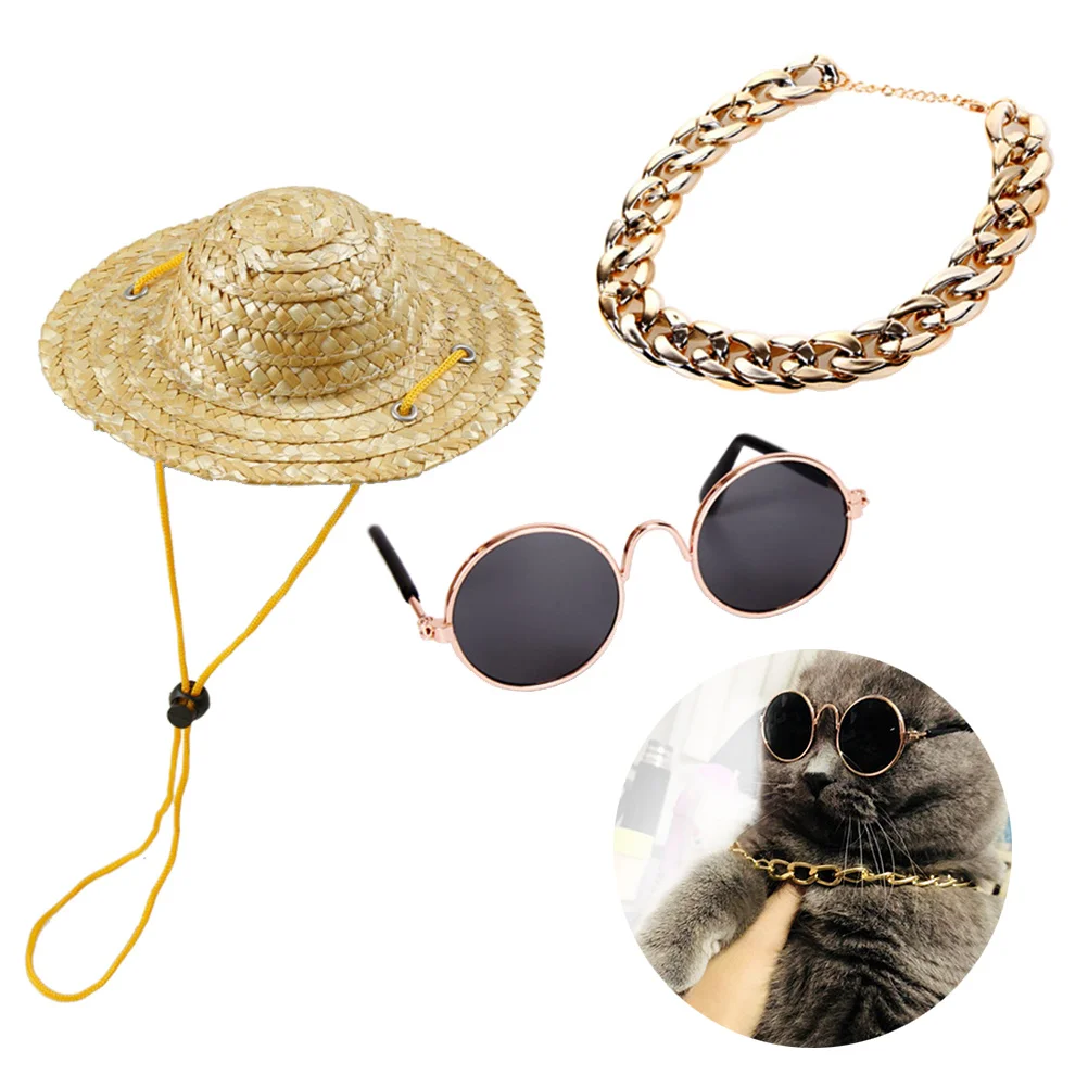 3pcs Pet Dog Accessories Retro Straw Hat Sunglasses Dog Gold Necklace For Animals Party Decoration Outfit Costume Pet Supplies 
3pcs Pet Dog Accessories Retro Straw Hat Sunglasses Dog Gold Necklace For Animals Party Decoration Outfit Costume Pet Supplies