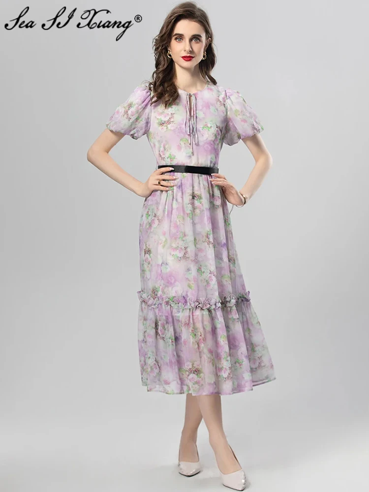 Seasixiang Fashion DesignerDress Women's O-Neck Short Sleeve Belt Floral Print Ruffles Elegant Party Dresses
Seasixiang Fashion DesignerDress Women's O-Neck Short Sleeve Belt Floral Print Ruffles Elegant Party Dresses