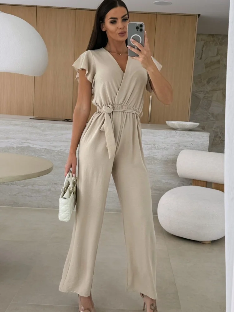 Fashion Summer Lace-up V-neck Short Sleeve Women Jumpsuits Solid Color Casual Long Pant Elegant Clothing
Fashion Summer Lace-up V-neck Short Sleeve Women Jumpsuits Solid Color Casual Long Pant Elegant Clothing