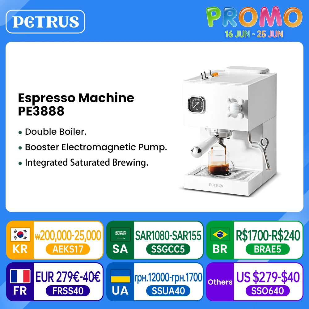 Petrus Espresso Coffee Machine Coffee Maker With Portafilter Steam Wand Milk Frother (58mm) PE3888
Petrus Espresso Coffee Machine Coffee Maker With Portafilter Steam Wand Milk Frother (58mm) PE3888