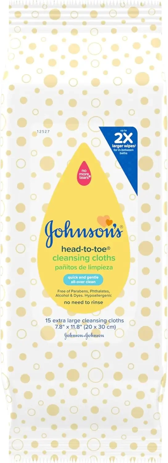 Johnson's Baby Head-to-Toe Gentle Cleansing Cloths, No Rinse, Disposable Pre-Moistened Baby Bath Wipes, Hypoallergenic Newborn Essentials, Head-to-toe Wipes, Paraben-Free 15 ct
Johnson's Baby Head-to-Toe Gentle Cleansing Cloths, No Rinse, Disposable Pre-Moistened Baby Bath Wipes, Hypoallergenic Newborn Essentials, Head-to-toe Wipes, Paraben-Free 15 ct