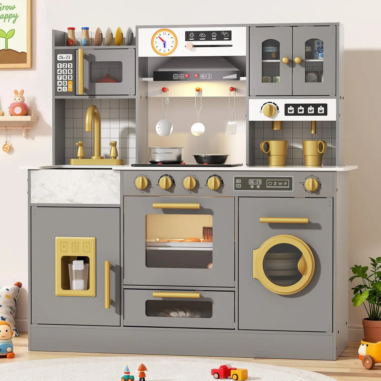 Wooden Play Kitchen for Kids Ages 3-8 with Lights & Sounds, Pretend Play Kitchen Set with Stove, Ice Maker, Coffee Maker, Oven
Wooden Play Kitchen for Kids Ages 3-8 with Lights & Sounds, Pretend Play Kitchen Set with Stove, Ice Maker, Coffee Maker, Oven