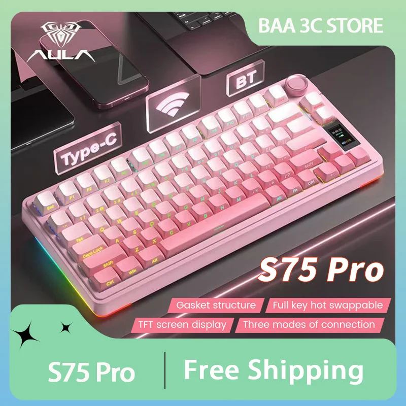 AULA S75 Pro Mechanical Keyboard Tri Mode Wireless Bluetooth RGB Backlit Hot Swap Custom Gaming Keyboard with LCD Screen Knob
AULA S75 Pro Mechanical Keyboard Tri Mode Wireless Bluetooth RGB Backlit Hot Swap Custom Gaming Keyboard with LCD Screen Knob