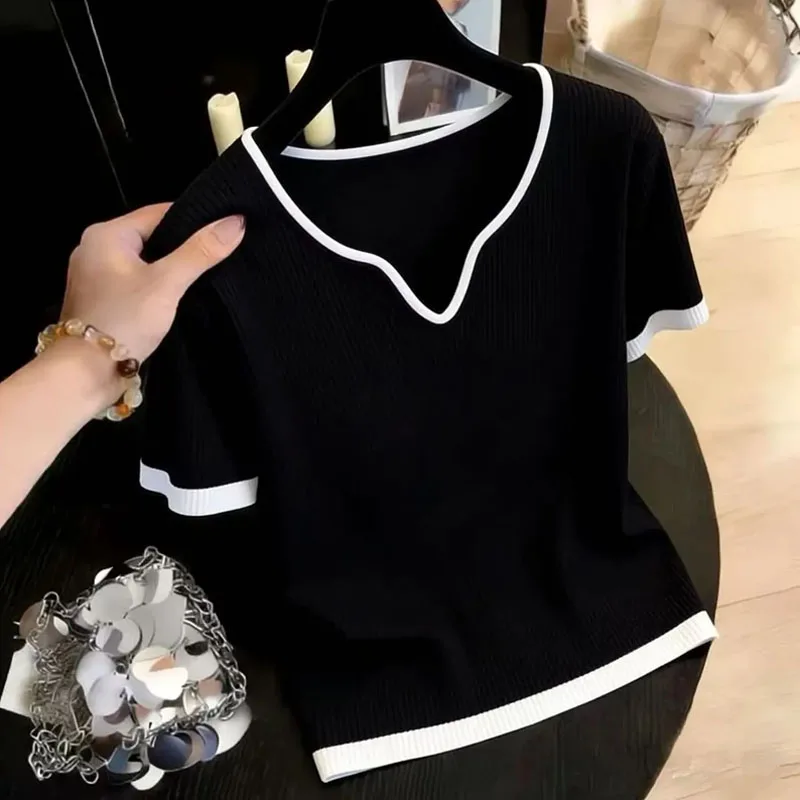 Fashion Short Sleeve Knitted Sweater Women Pullovers Summer V-Neck Patchwork Knit Sweater Pullover Women Tops Knitwears Q3765
Fashion Short Sleeve Knitted Sweater Women Pullovers Summer V-Neck Patchwork Knit Sweater Pullover Women Tops Knitwears Q3765