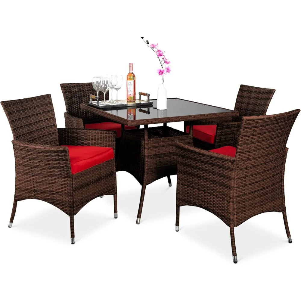5-Piece Indoor Outdoor Wicker Dining Set Furniture for Patio, Backyard w/Square Glass Tabletop, Umbrella Cutout, 4 Chairs - Red
5-Piece Indoor Outdoor Wicker Dining Set Furniture for Patio, Backyard w/Square Glass Tabletop, Umbrella Cutout, 4 Chairs - Red