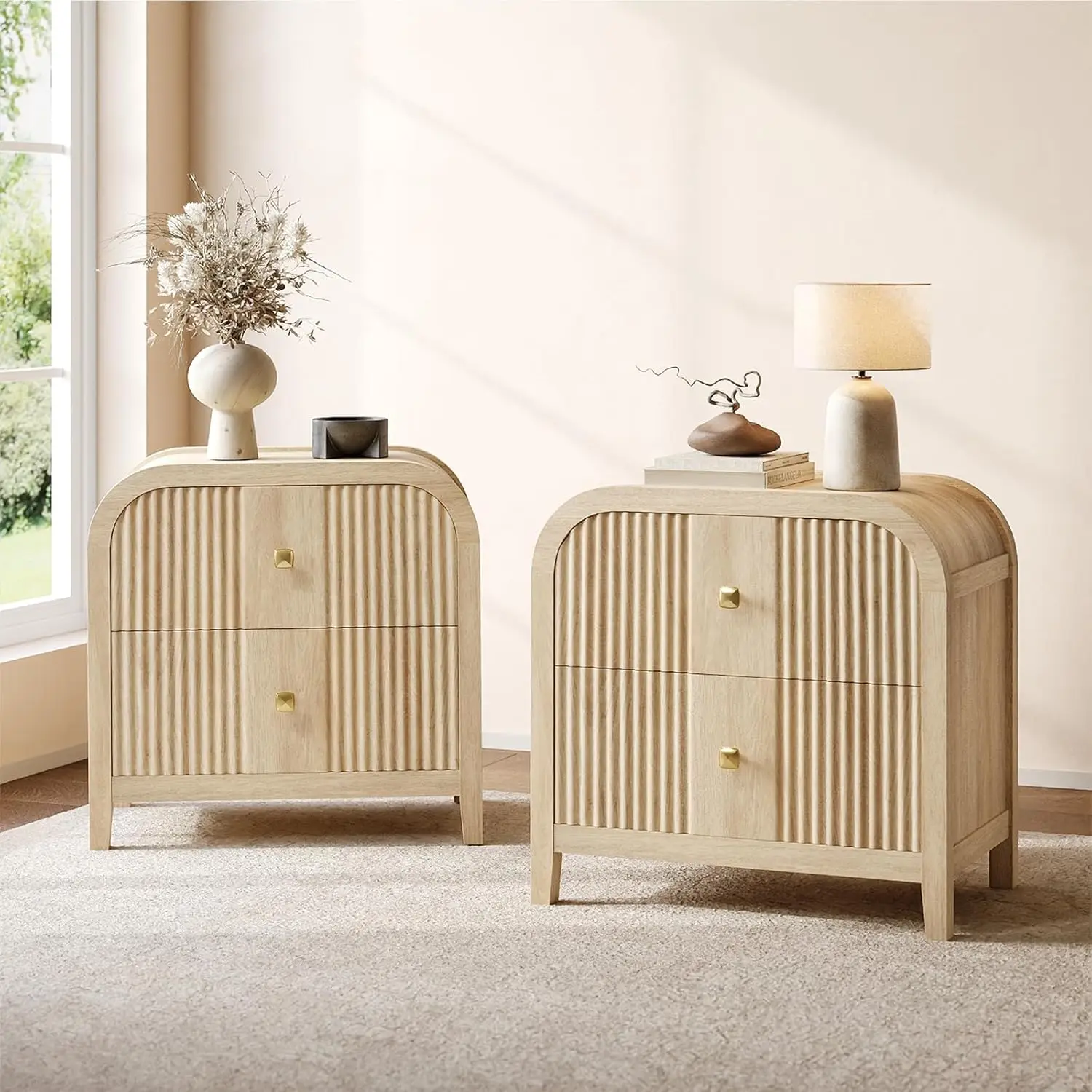 Set of 2 Modern Nightstands with Wave-Fluted Design, Curved Edges, Brushed Copper Handles, Thick Wood
Set of 2 Modern Nightstands with Wave-Fluted Design, Curved Edges, Brushed Copper Handles, Thick Wood