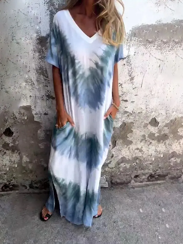 Printed Short Sleeved V-neck Split Style Gradient Tie Dye Long Dress For Summer New Women's Casual Loose Slit Long Dress
Printed Short Sleeved V-neck Split Style Gradient Tie Dye Long Dress For Summer New Women's Casual Loose Slit Long Dress