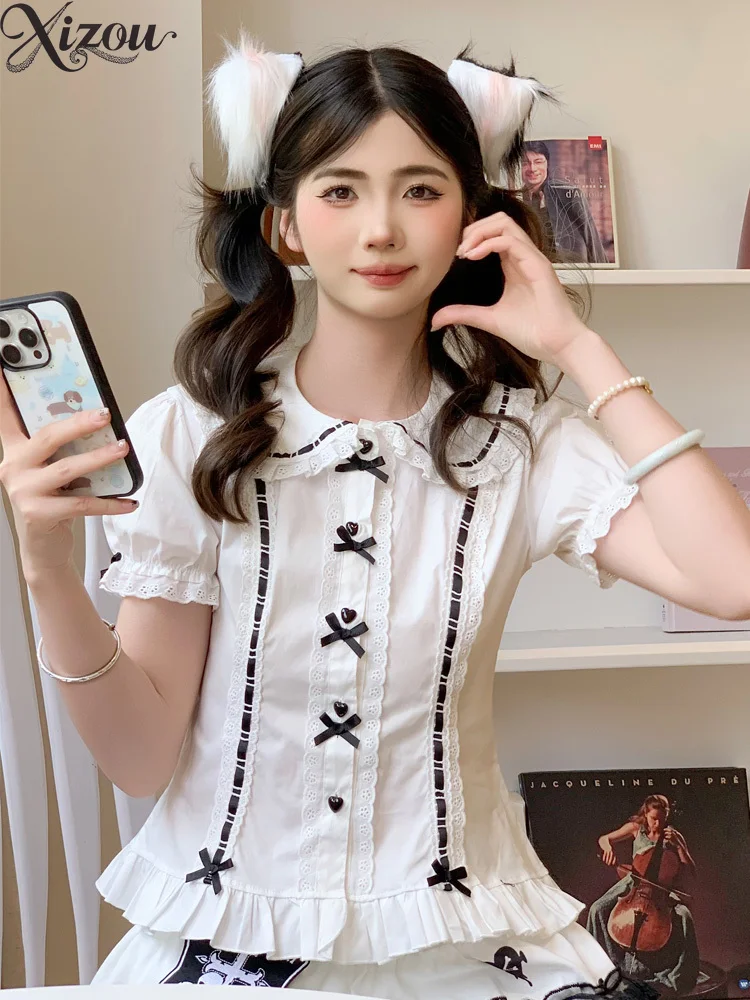 2025 Summer Japanese Girl Kawaii Lolita Shirt Women Sweet Ruffles Bow Peter Pan Doll Collar Short Puff Sleeves Blouse Slim Tops
2025 Summer Japanese Girl Kawaii Lolita Shirt Women Sweet Ruffles Bow Peter Pan Doll Collar Short Puff Sleeves Blouse Slim Tops