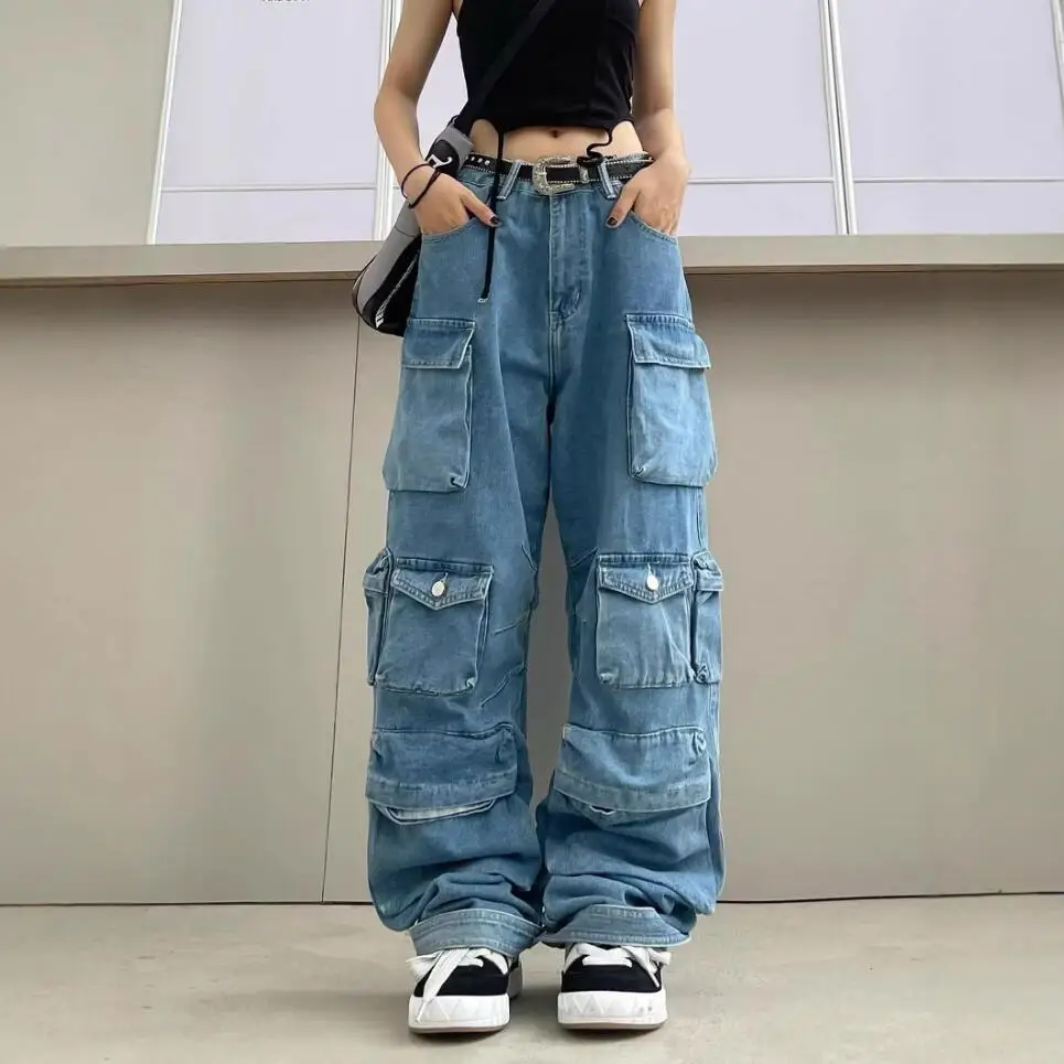 Women's Multi-Pocket Blue Washed Jeans Cargo Pants Retro Streetwear Fashion High Waist Jeans Couple Casual Wide Leg Pants
Women's Multi-Pocket Blue Washed Jeans Cargo Pants Retro Streetwear Fashion High Waist Jeans Couple Casual Wide Leg Pants