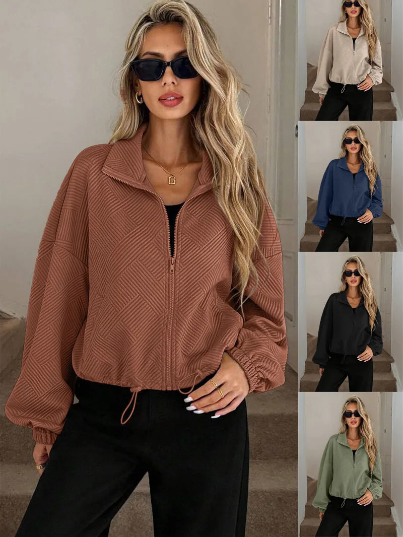 Loose Women's Baseball Jacket High Collar Zipper Hem Drawstring Pockets European Style Polyester Long Sleeve Short Coat
Loose Women's Baseball Jacket High Collar Zipper Hem Drawstring Pockets European Style Polyester Long Sleeve Short Coat