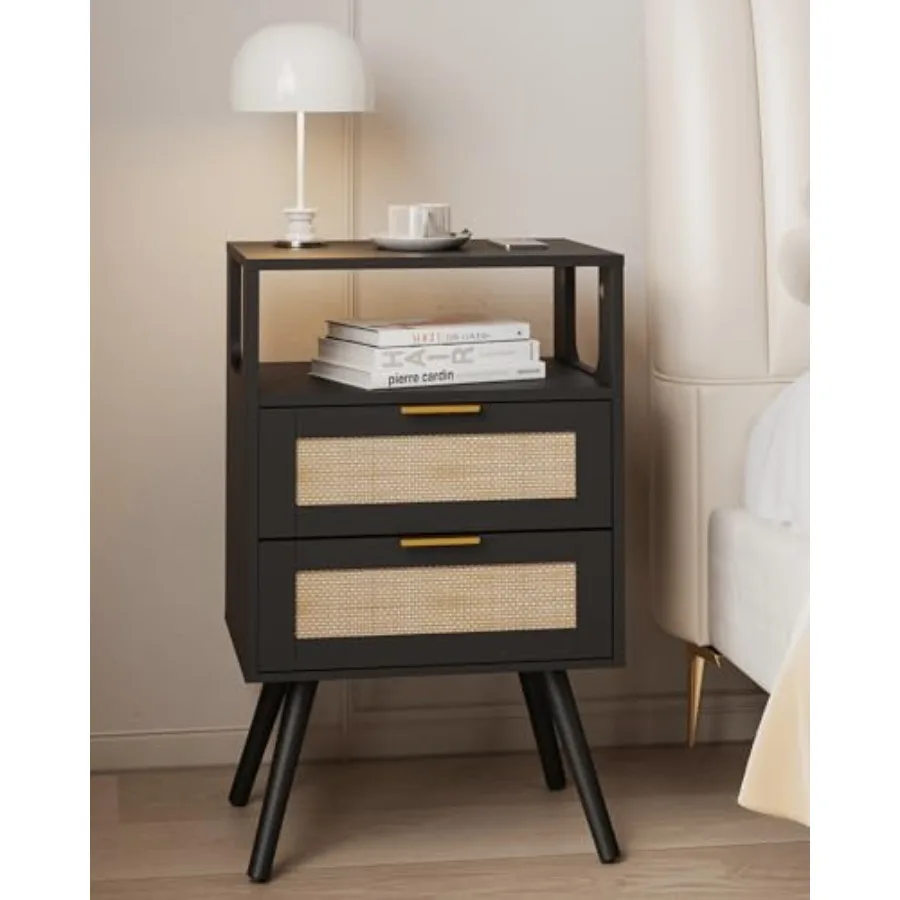 Прикроватная тумба из ротанга с 2 выдвижными ящиками и открытой деревянной полкой для спальни и небольших помещений, ножки из массива дерева, черная
Прикроватная тумба из ротанга с 2 выдвижными ящиками и открытой деревянной полкой для спальни и небольших помещений, ножки из массива дерева, черная
